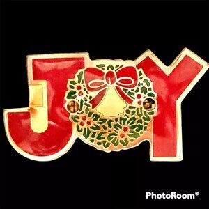 Vintage Christmas JOY Wreath Holly Tie Tac Lapel Pin Brooch Enamel Red Green